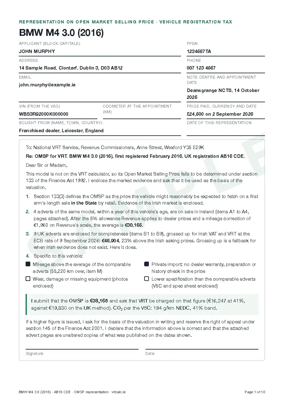 First page of the sample representation to Revenue