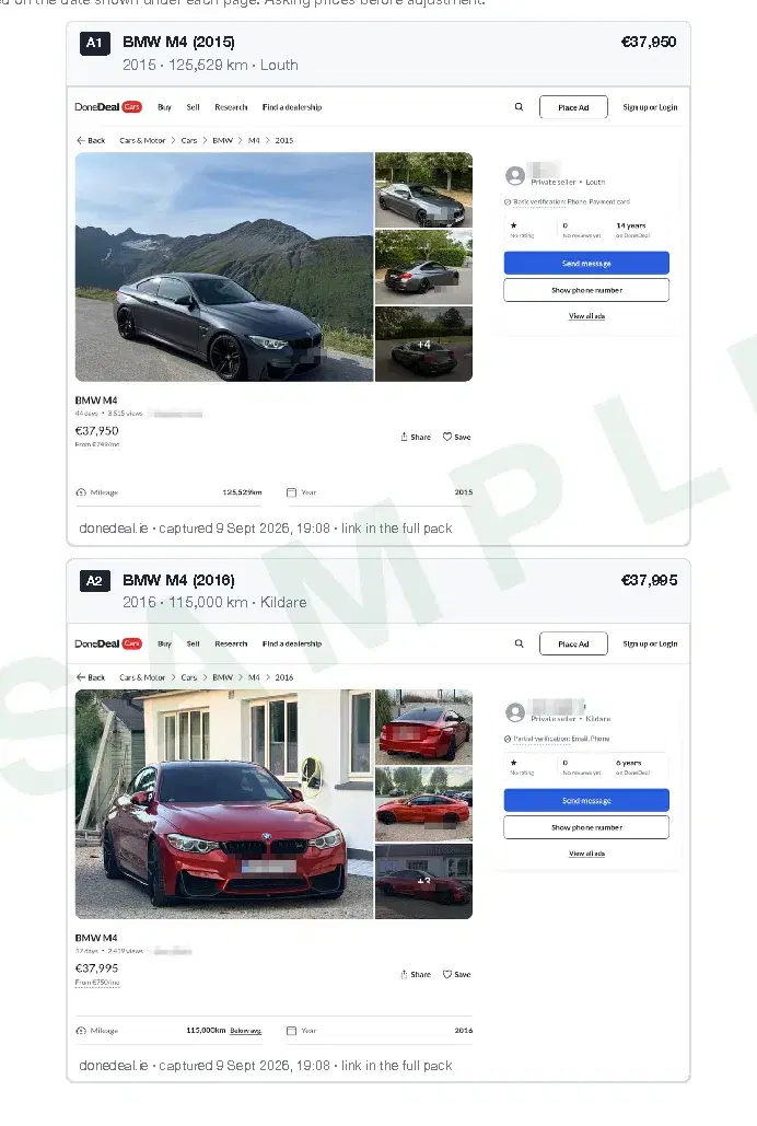 Advert pages captured from DoneDeal inside the sample representation